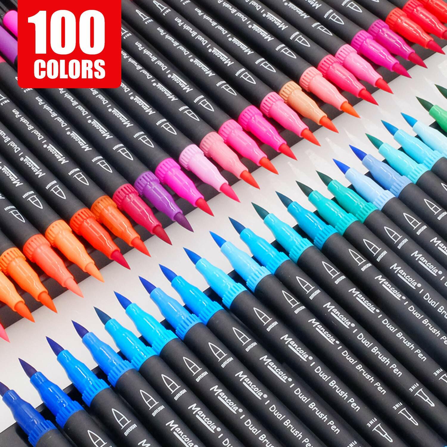 mancola Dual Tip Art Markers 100 Colors Water Based Brush Fineliner Set