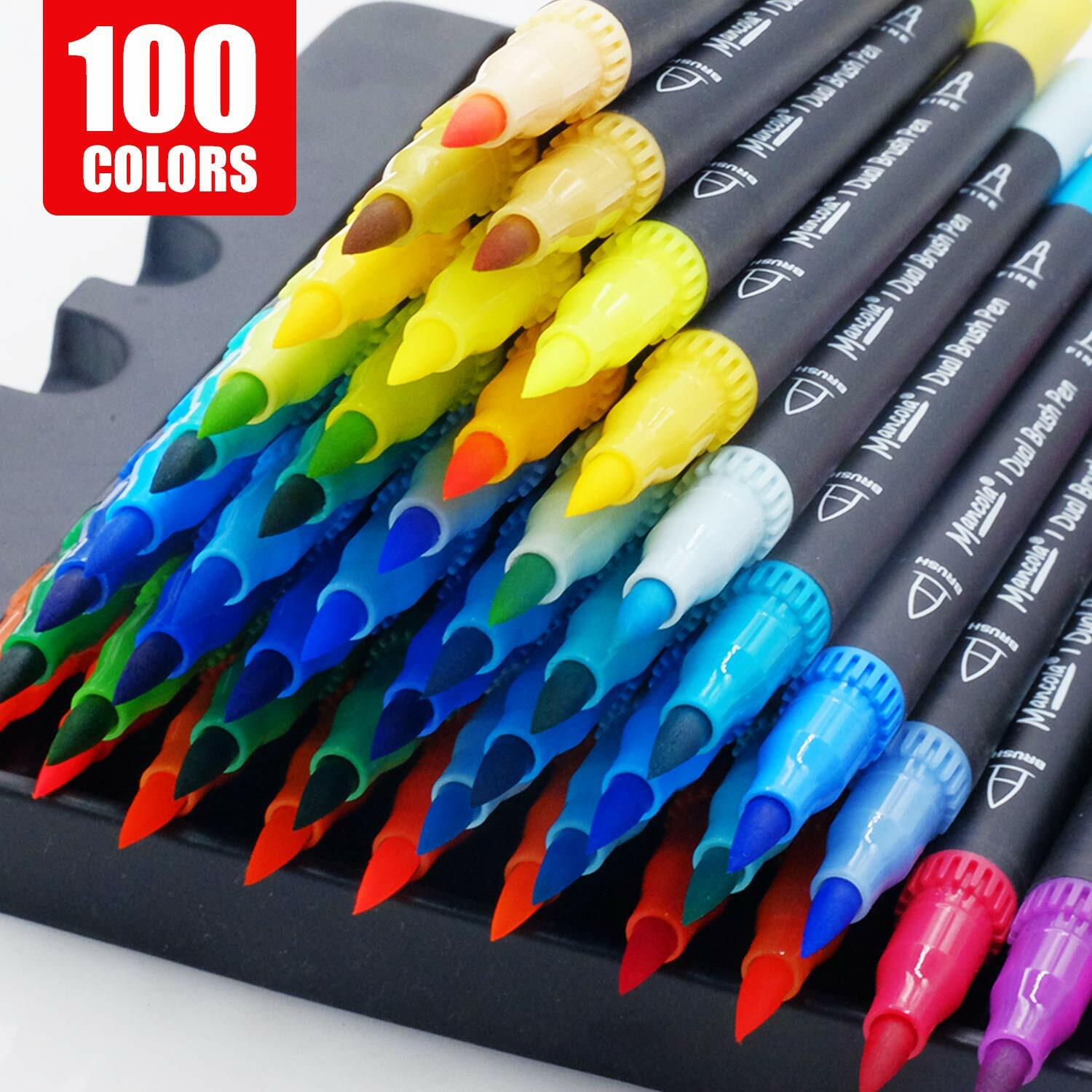 mancola Dual Tip Art Markers 100 Colors Water Based Brush Fineliner Set